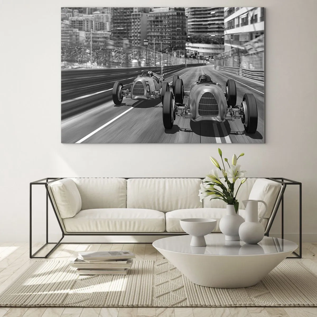 Üveg kép - Történelmi autóverseny fekete-fehérben - 70x50cm - Réges-régen Monte Carlóban - Modern fali dekoráció nappalihoz és hálószobához ARTTOR