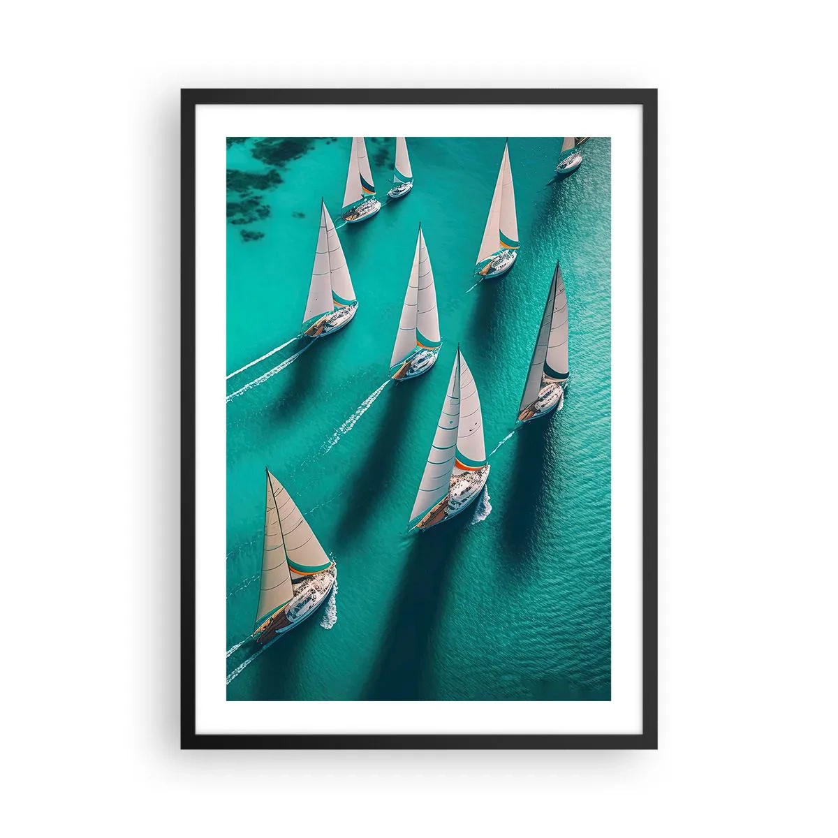 Poszter fehér keretben - Vitorlás regatta türkizkék vízen - 50x70cm - Versengés a széllel - Modern fali dekoráció nappalihoz és hálószobához ARTTOR