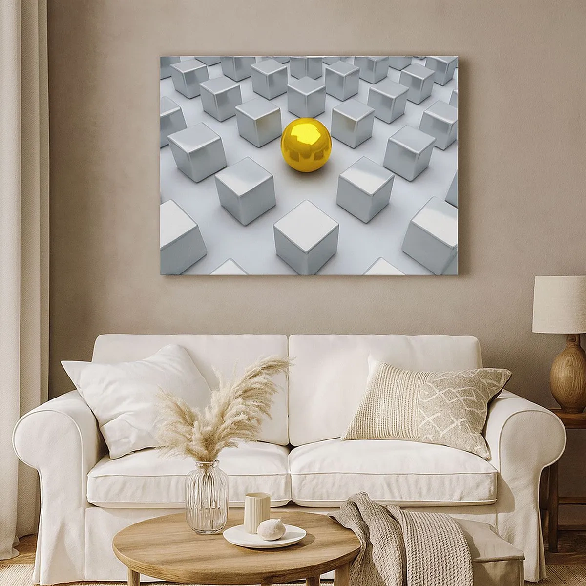 Vászonkép - Egy arany gömb kiemelkedik az ezüstkockák közül - 70x50cm - Miért én? Geometriai összetétel - Modern fali dekoráció nappalihoz és hálószobához ARTTOR