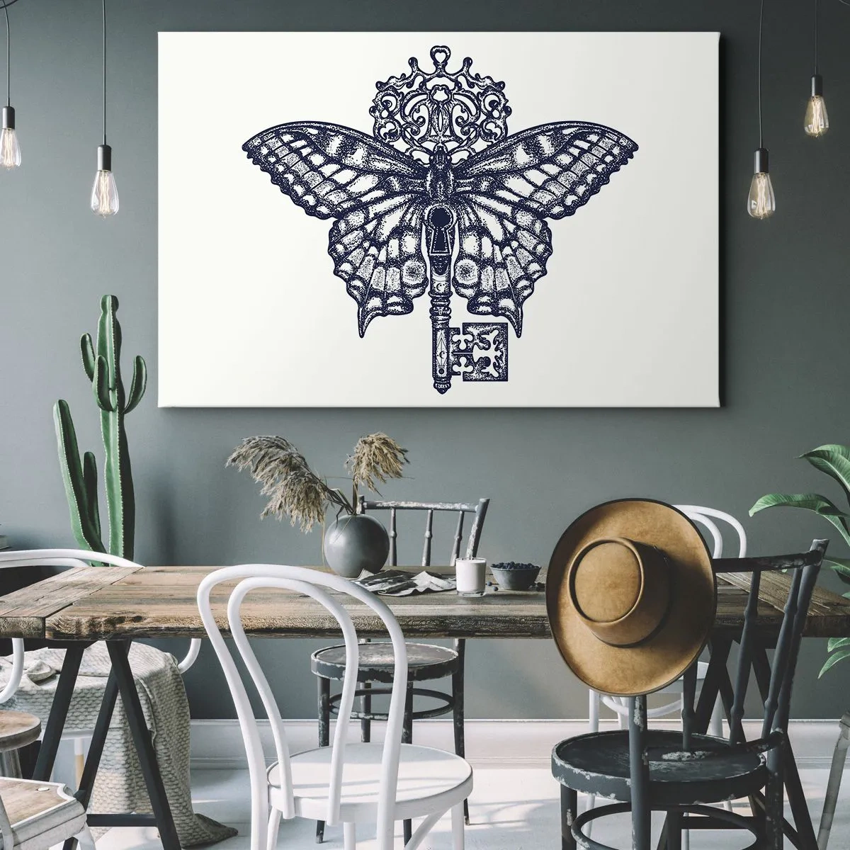 Vászonkép - Stílusos pillangó és kulcsgrafika minimalista stílusban - 70x50cm - A szív minden titka - Modern fali dekoráció nappalihoz és hálószobához ARTTOR