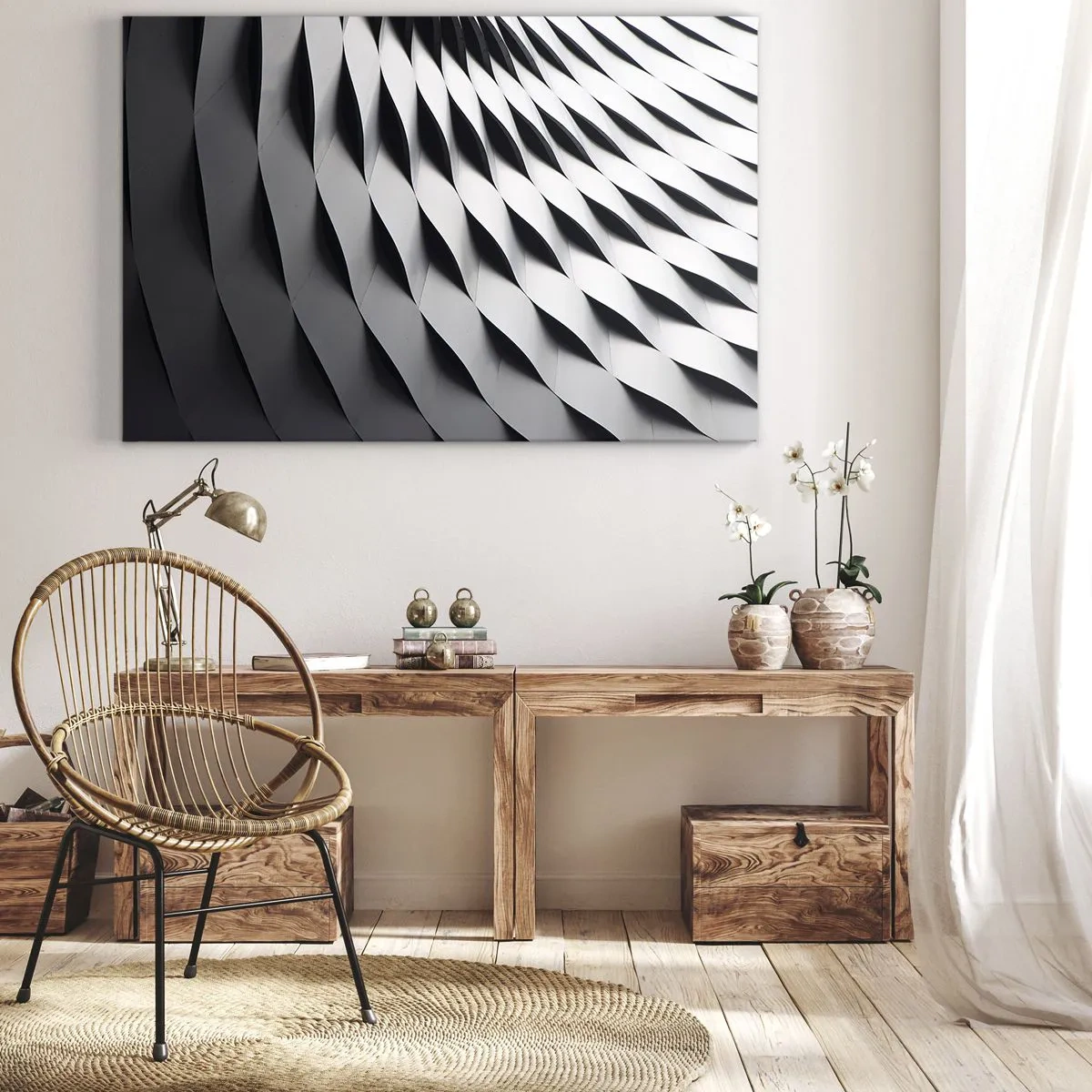 Vászonkép - Absztrakt geometrikus minta fekete-fehér árnyalatokban - 70x50cm - A hullámok felszínén - Modern fali dekoráció nappalihoz és hálószobához ARTTOR