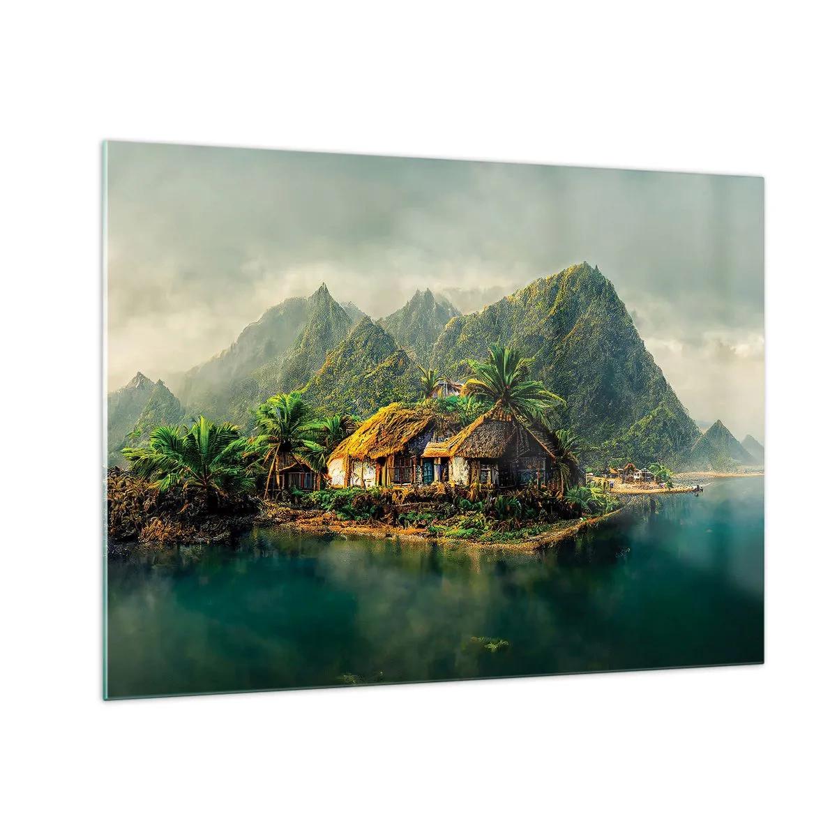 Üveg kép - Egy trópusi falu a vízparton, hegyekkel és pálmafákkal körülvéve - 70x50cm - Trópusi paradicsom - Modern fali dekoráció nappalihoz és hálószobához ARTTOR
