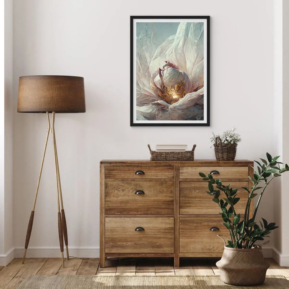 Poszter fehér keretben - Finom absztrakció virágmotívummal, finom fehér és arany árnyalatokban. - 50x70cm - Száz év alatt egyszer virágzik - Modern fali dekoráció nappalihoz és hálószobához ARTTOR