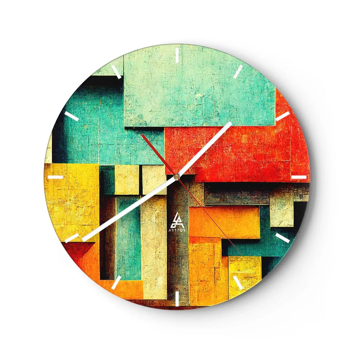 Falióra, Óra - Színes geometriai blokkok absztrakt stílusban - 30x30cm - A derékszögek fesztiválja - Modern fali dekoráció nappalihoz, konyhához és hálószobához ARTTOR