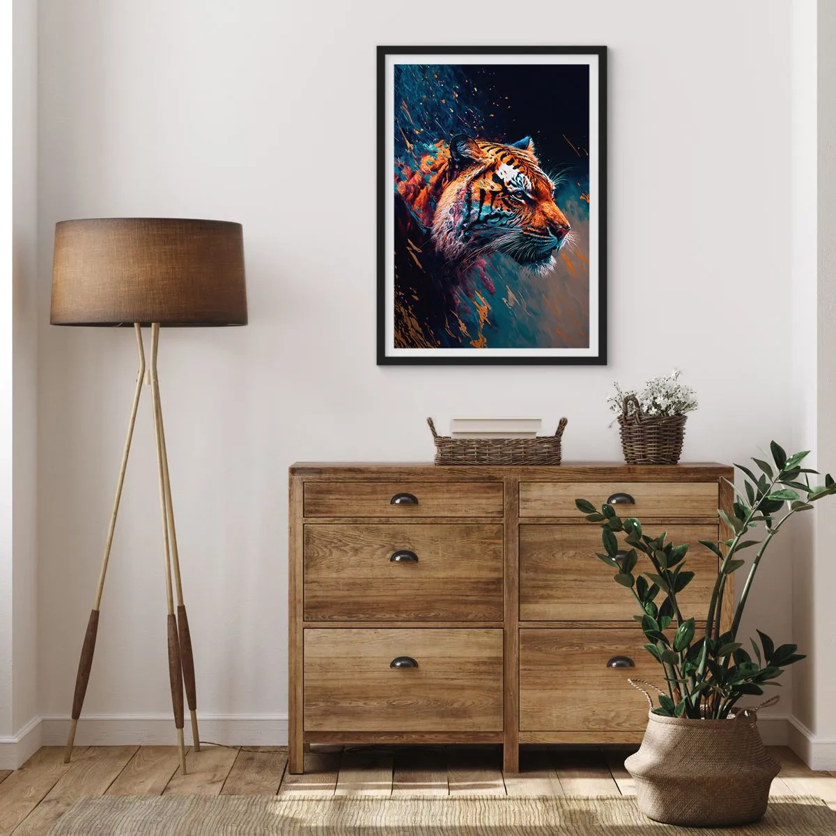 Poszter fehér keretben - Egy tigris dinamikus portréja művészi stílusban - 50x70cm - Vad szépség - Modern fali dekoráció nappalihoz és hálószobához ARTTOR