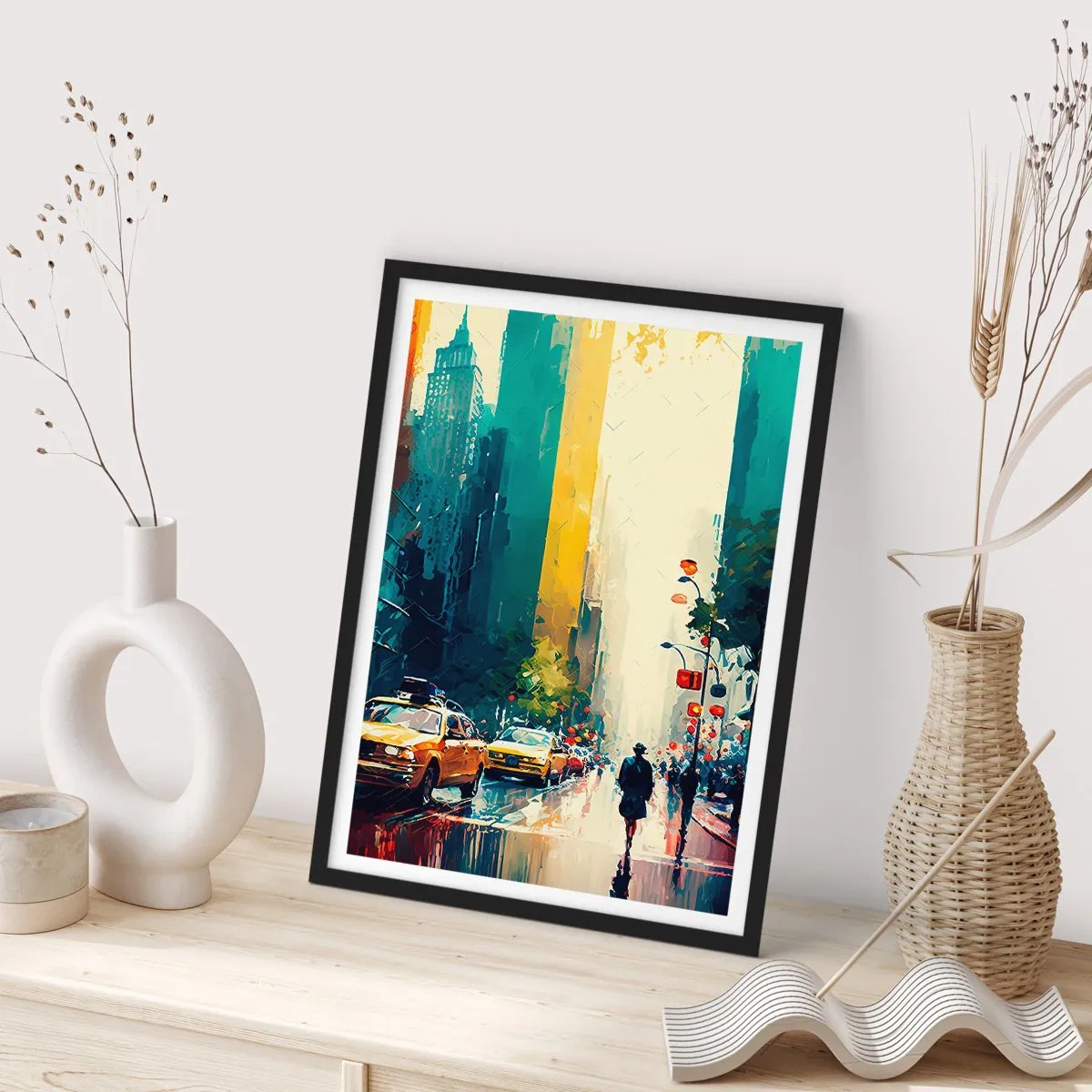 Poszter fehér keretben - Egy nagyváros színes utcája sárga taxikkal - 50x70cm - New York - itt még az eső is színes. - Modern fali dekoráció nappalihoz és hálószobához ARTTOR