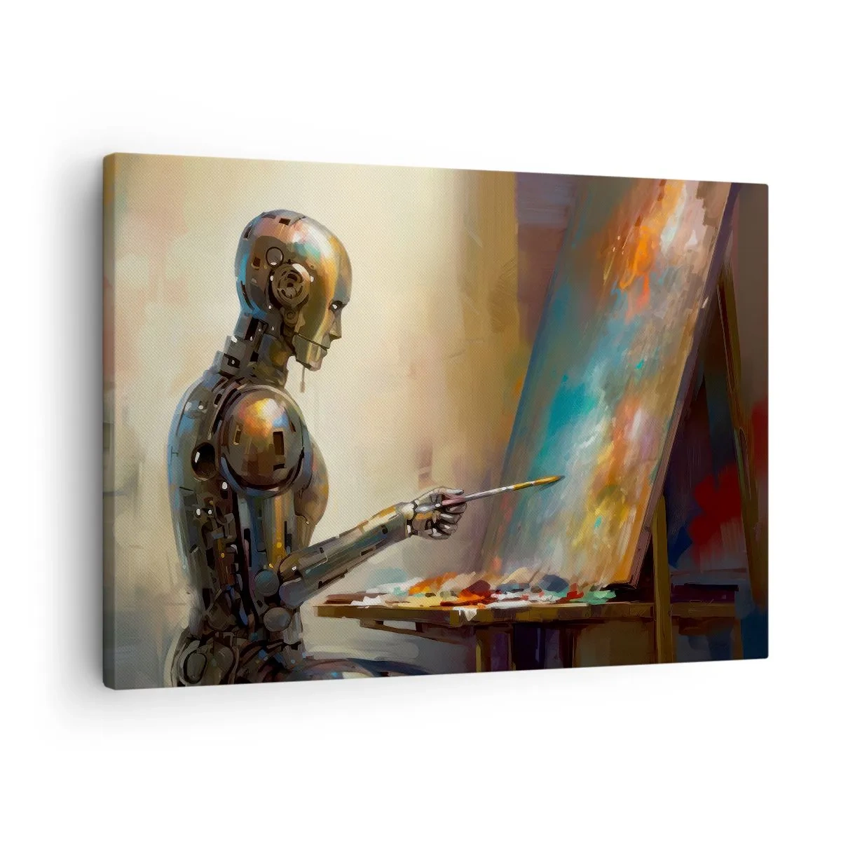 Vászonkép - Egy robot művészi stílusban fest vászonra - 70x50cm - A jövő művészete - Modern fali dekoráció nappalihoz és hálószobához ARTTOR