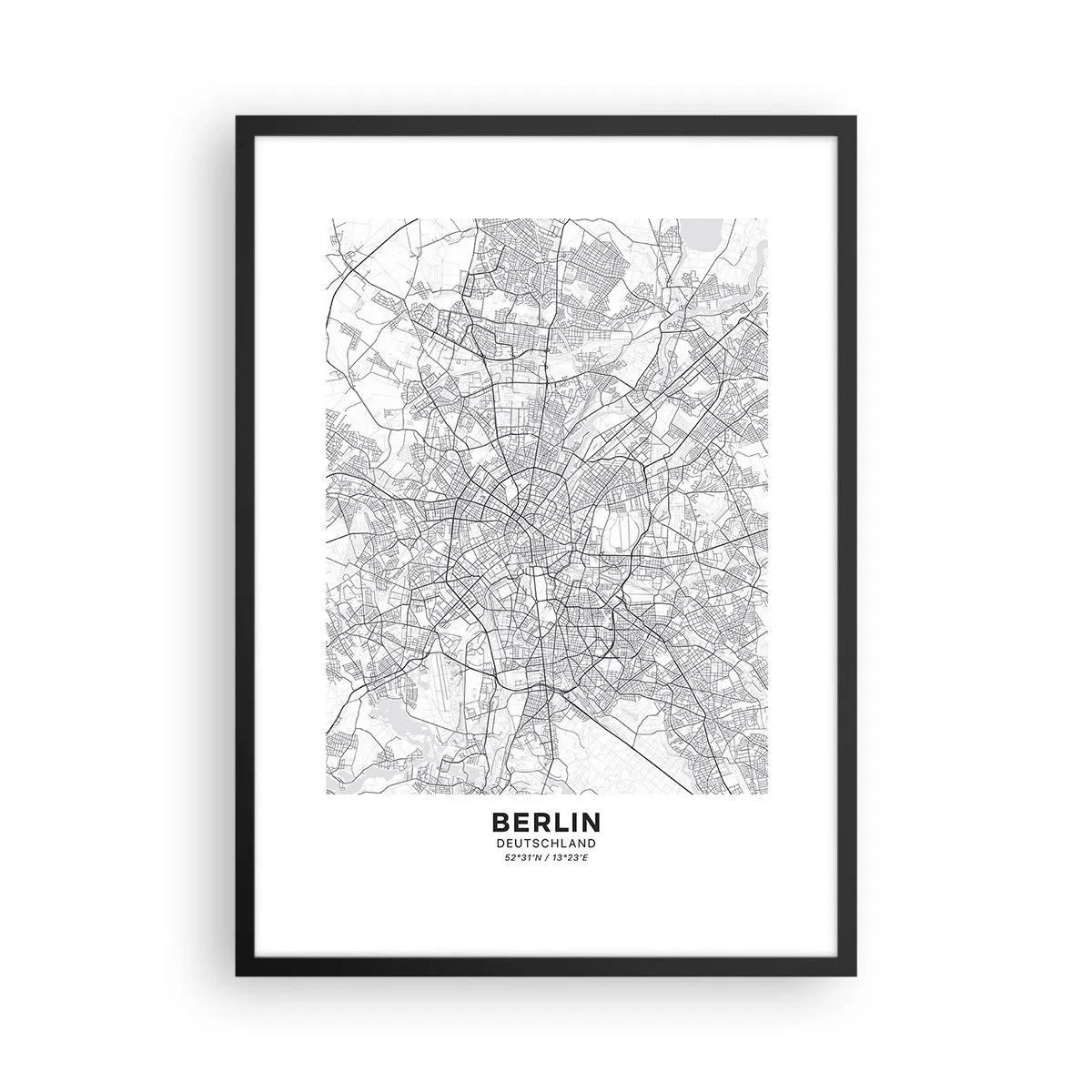 Poszter fehér keretben - Berlin fekete-fehér térképe pontosan feltérképezett utcákkal. - 50x70cm - Berlin virága - Modern fali dekoráció nappalihoz és hálószobához ARTTOR