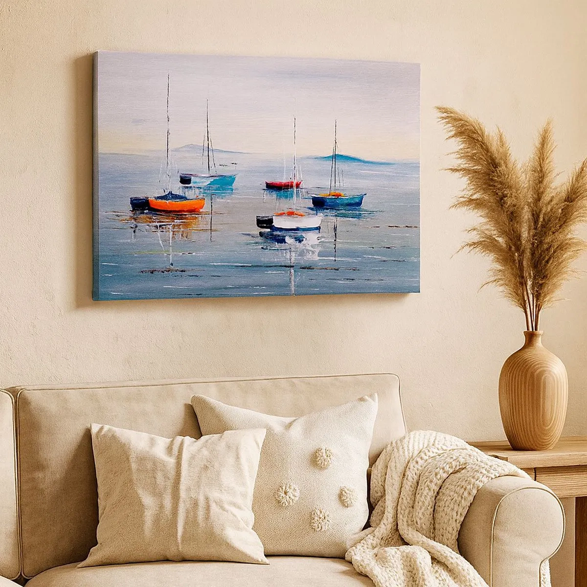 Vászonkép - Színes hajók nyugodt vízen - 70x50cm - Jól megérdemelt pihenés - Modern fali dekoráció nappalihoz és hálószobához ARTTOR