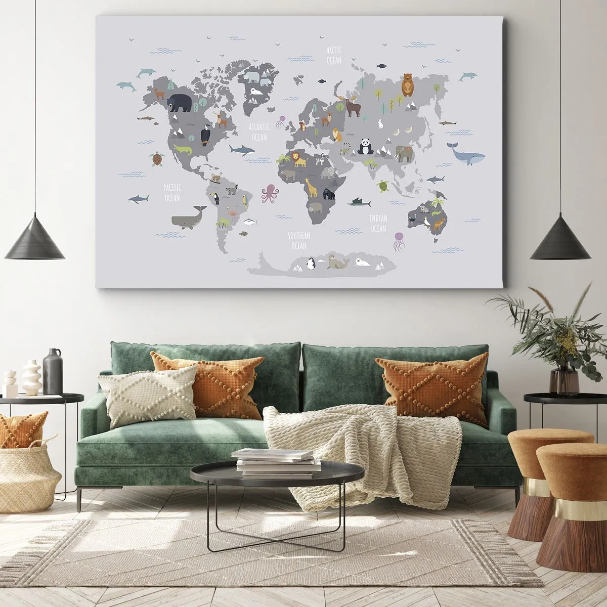 Vászonkép - Egy világtérkép állatos illusztrációkkal szürke háttéren - 70x50cm - Mondd meg, hogy honnan jöttél... - Modern fali dekoráció nappalihoz és hálószobához ARTTOR