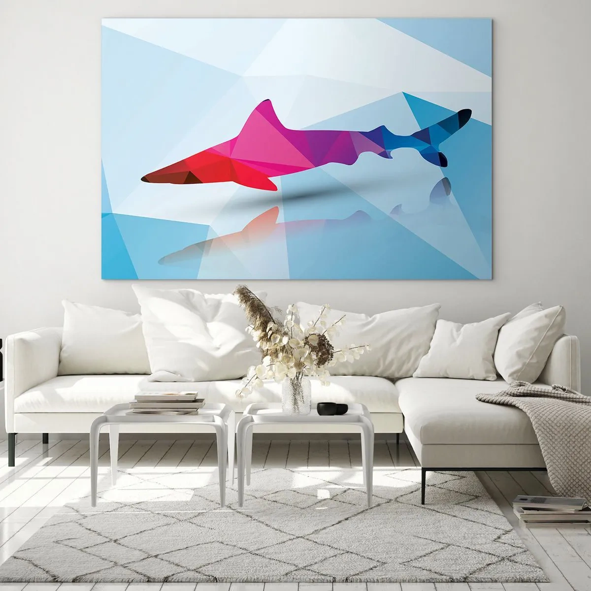 Üveg kép - Geometrikus cápa piros és kék árnyalatokban - 70x50cm - Cápa a kristály térben - Modern fali dekoráció nappalihoz és hálószobához ARTTOR