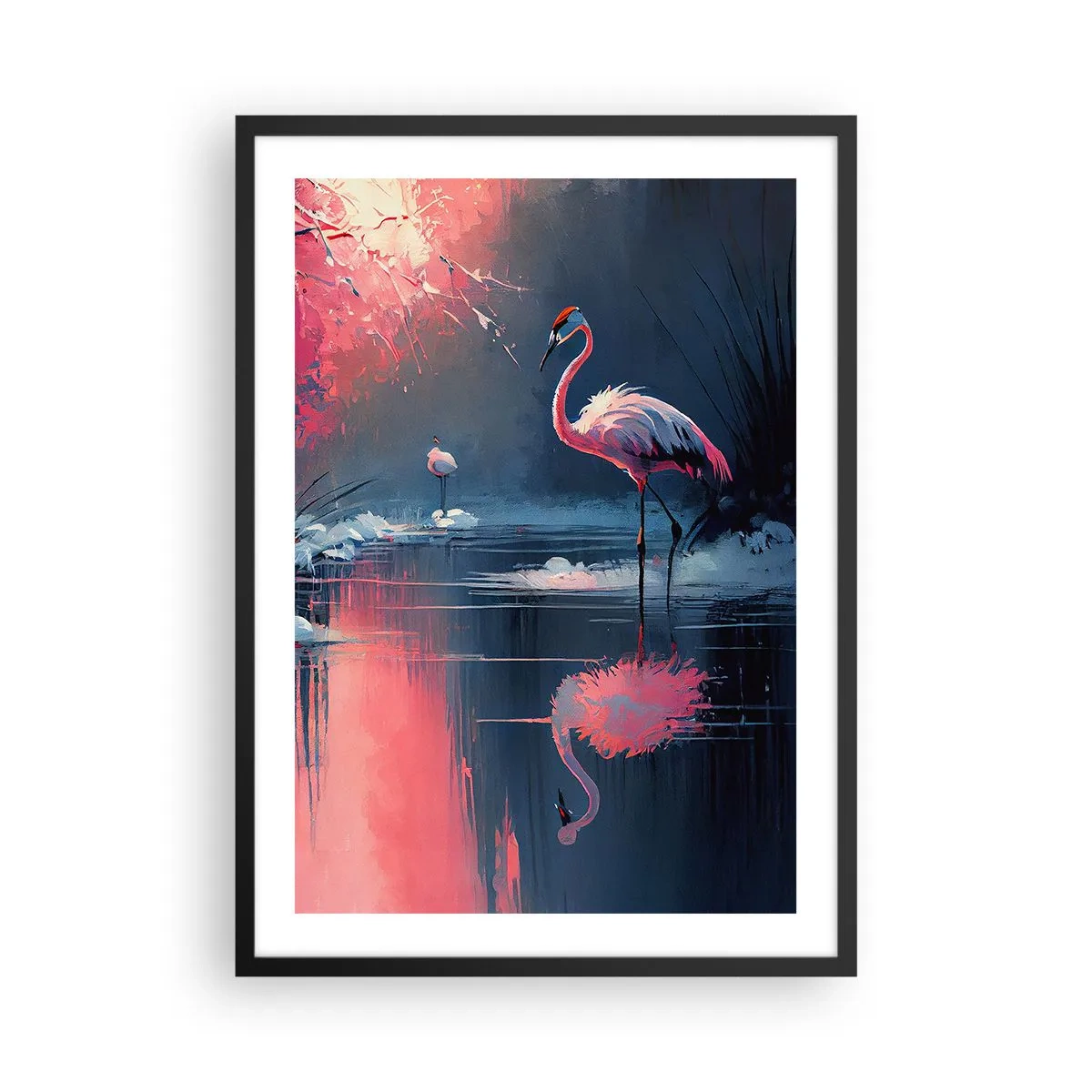 Poszter fehér keretben - Flamingók egy nyugodt tavon - 50x70cm - Egy madár visszavonulása - Modern fali dekoráció nappalihoz és hálószobához ARTTOR