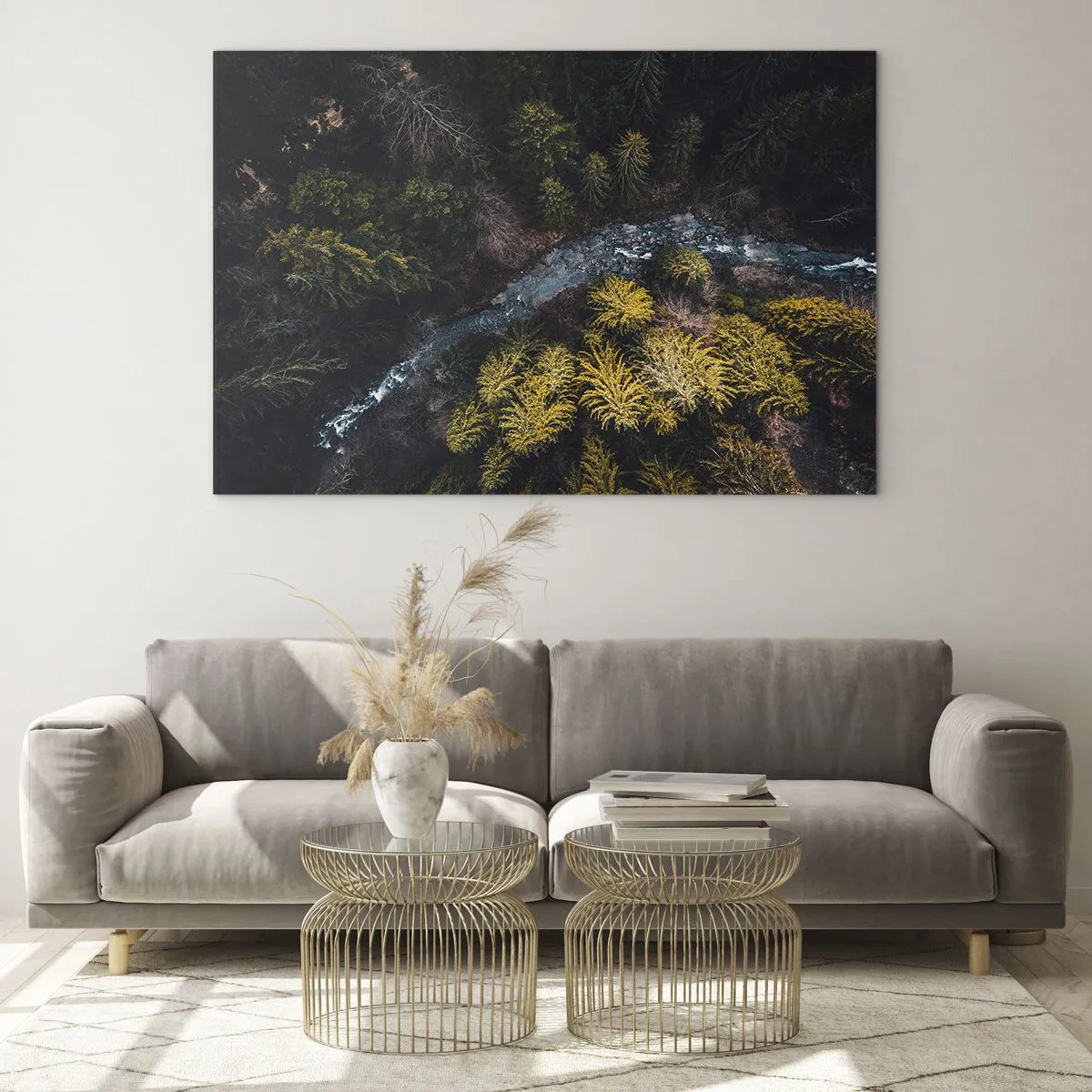 Üveg kép - Madártávlatból egy erdei táj kanyargós patakkal - 70x50cm - Gyorsan, egyre gyorsabban - Modern fali dekoráció nappalihoz és hálószobához ARTTOR