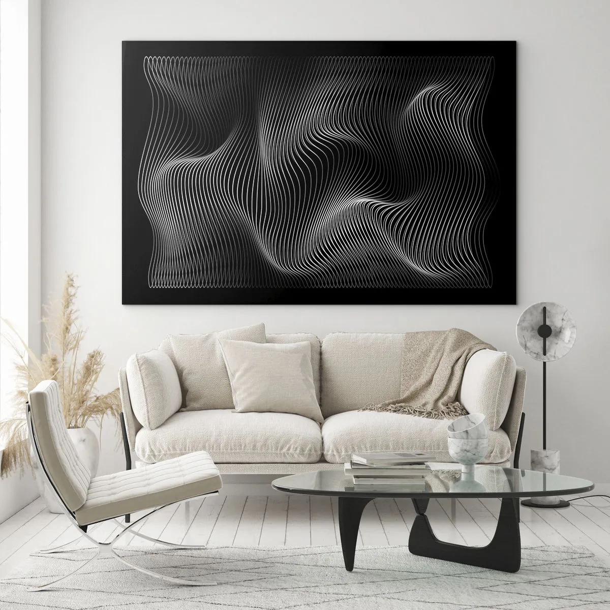 Üveg kép - Hipnotizáló fehér vonalak hullámzanak a fekete háttér előtt - 70x50cm - A fény tánca a térben - Modern fali dekoráció nappalihoz és hálószobához ARTTOR