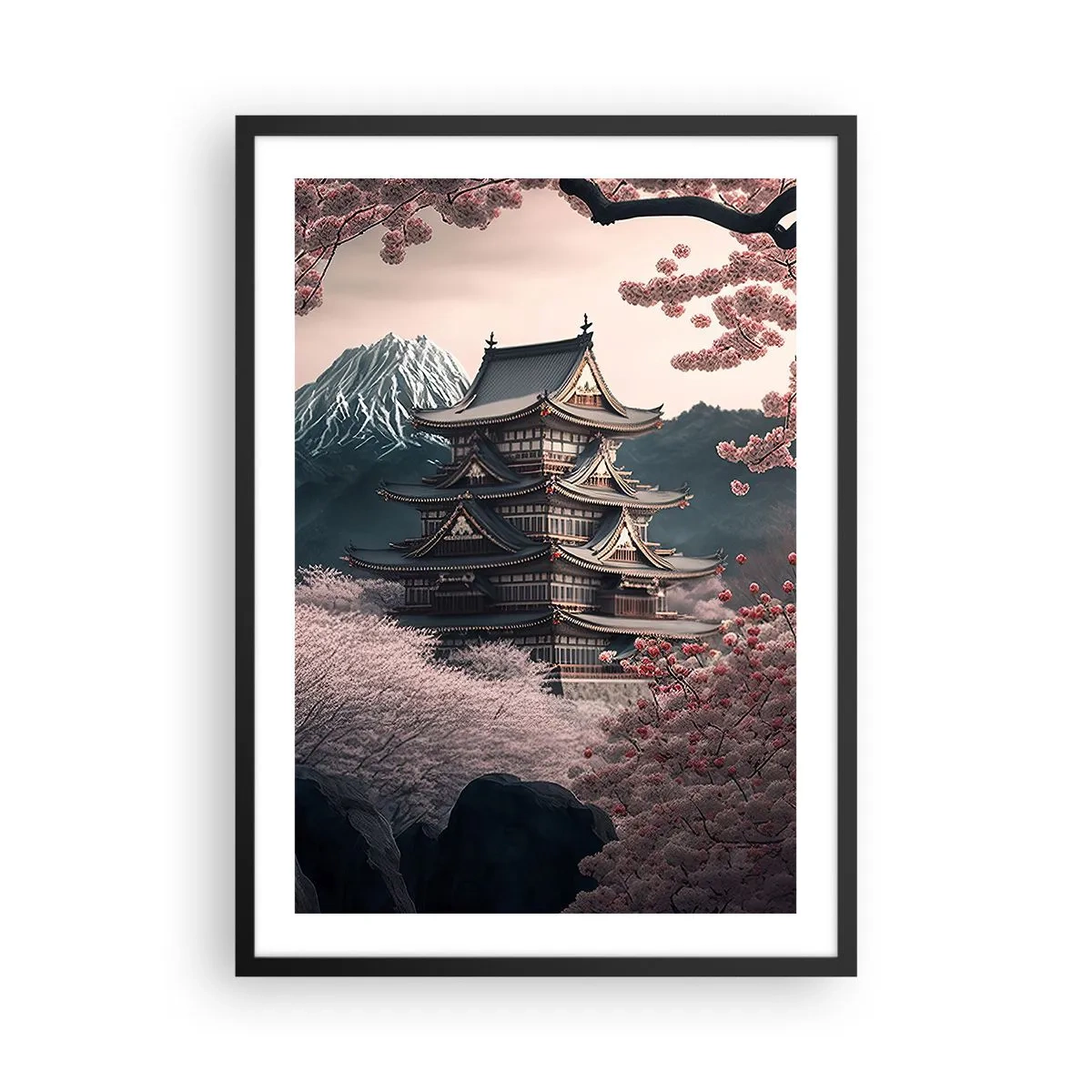 Poszter fehér keretben - Japán pagoda cseresznyevirágzás között - 50x70cm - A cseresznyevirágzás országa - Modern fali dekoráció nappalihoz és hálószobához ARTTOR