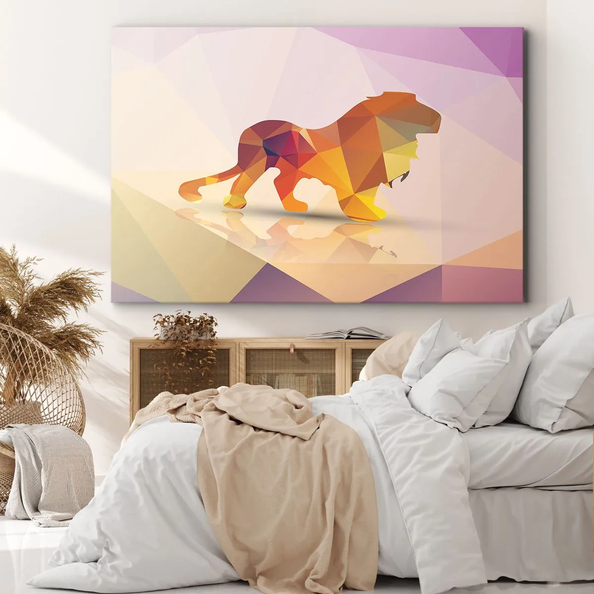Vászonkép - Oroszlán geometrikus sziluettje sárga és narancssárga árnyalatokban - 70x50cm - A gyémánt király - Modern fali dekoráció nappalihoz és hálószobához ARTTOR
