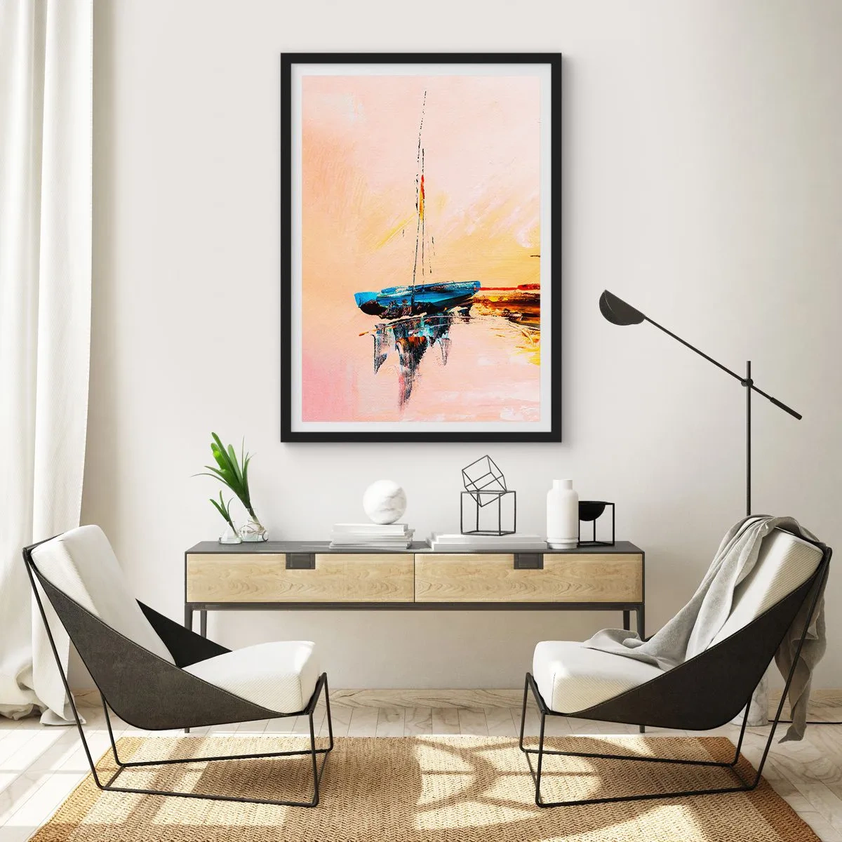 Poszter fehér keretben - Absztrakt hajó nyugodt vízen naplementekor - 50x70cm - Egy este a kikötőben - Modern fali dekoráció nappalihoz és hálószobához ARTTOR