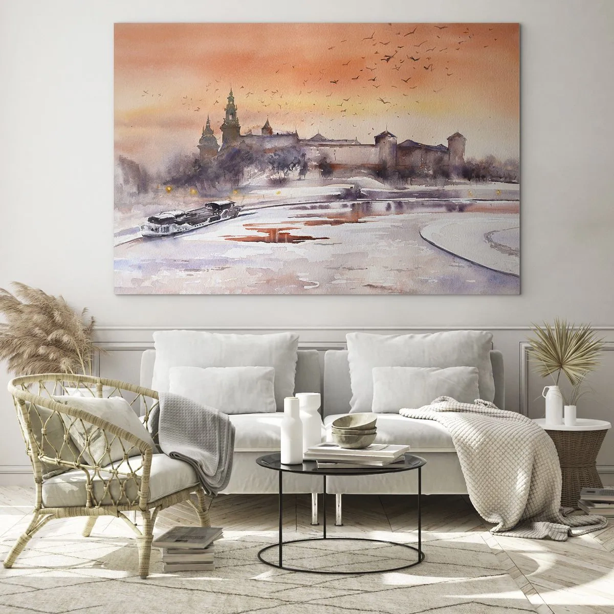 Üveg kép - Naplemente a királyi vár és a folyó felett télen - 70x50cm - Királyi naplemente - Modern fali dekoráció nappalihoz és hálószobához ARTTOR