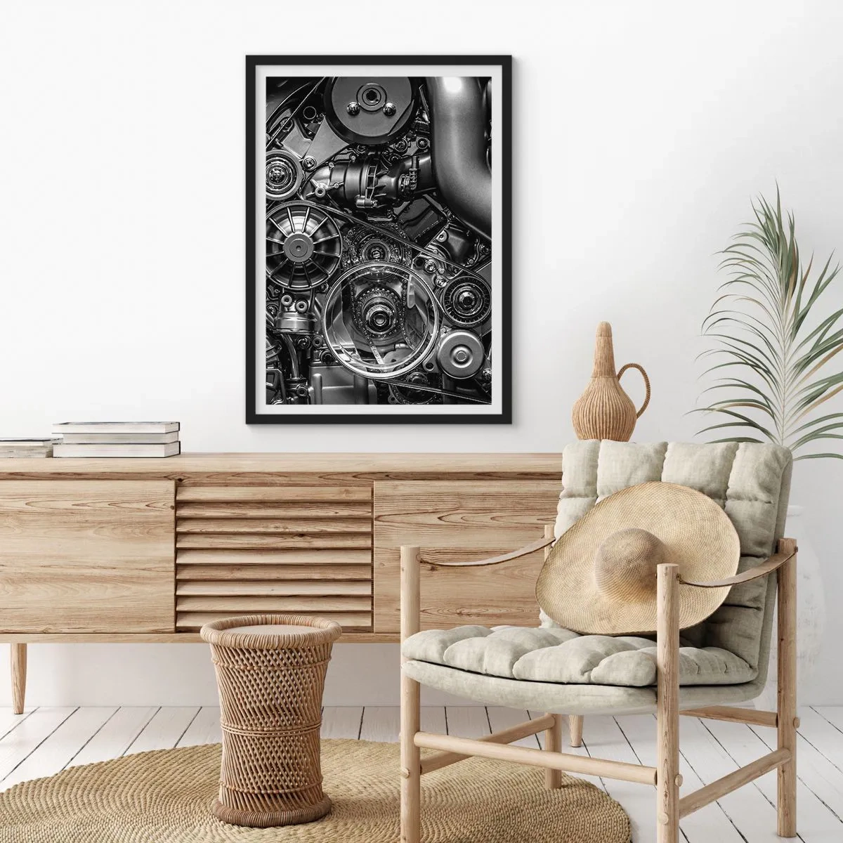 Poszter fehér keretben - A motor mechanikus alkatrészeinek részletes, fekete-fehér közeli képe - 50x70cm - A mechanika költészete - Modern fali dekoráció nappalihoz és hálószobához ARTTOR