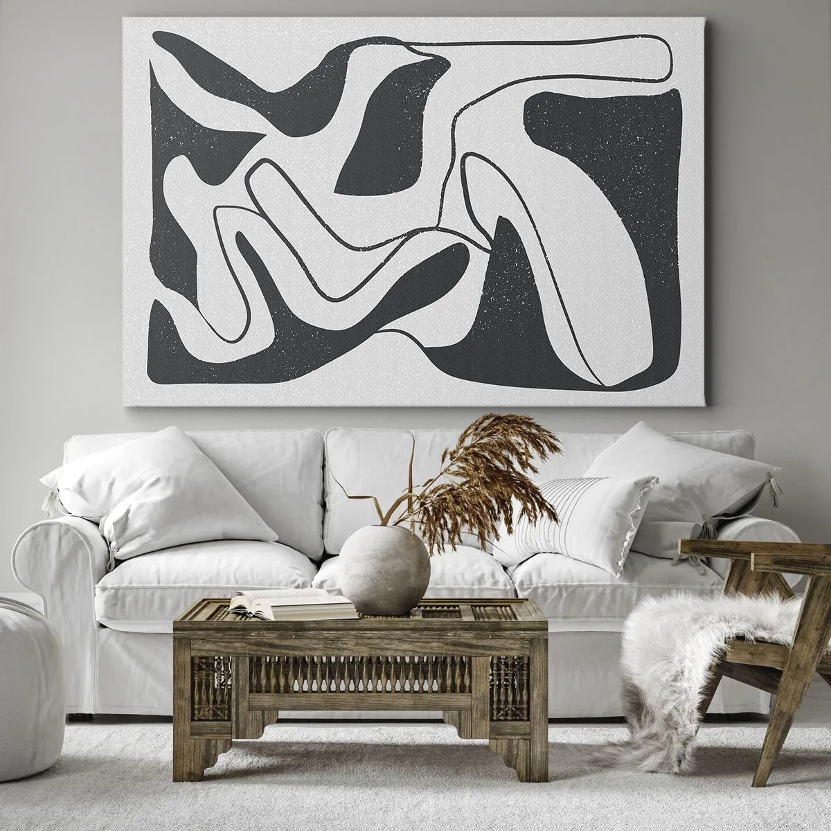 Vászonkép - Fekete-fehér absztrakció organikus formákkal - 70x50cm - Absztrakt játék egy labirintusban - Modern fali dekoráció nappalihoz és hálószobához ARTTOR