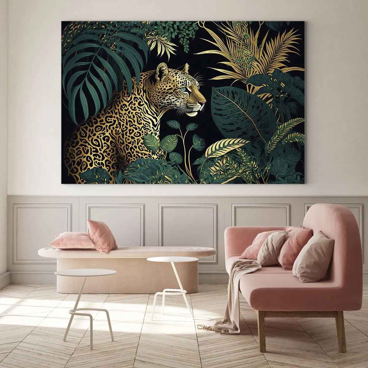 Üveg kép - Egy leopárd trópusi levelek között sötét háttér előtt - 70x50cm - A házigazda a dzsungelben - Modern fali dekoráció nappalihoz és hálószobához ARTTOR