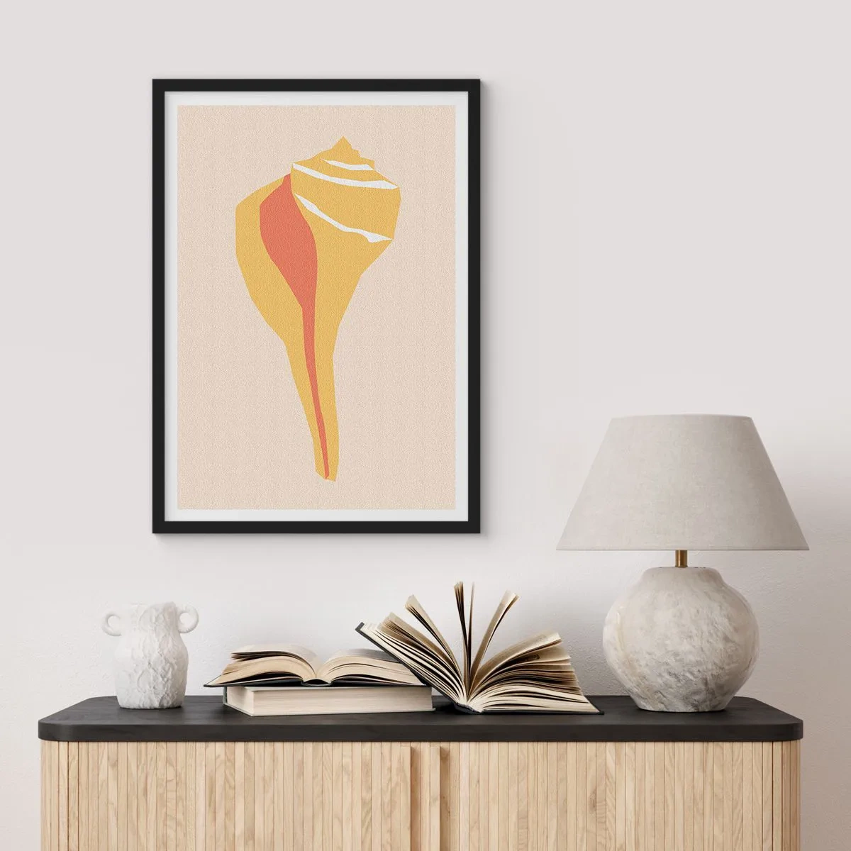 Poszter fehér keretben - Minimalista kagylógrafika meleg színekben - 50x70cm - Szerves absztrakció - növekedés - Modern fali dekoráció nappalihoz és hálószobához ARTTOR