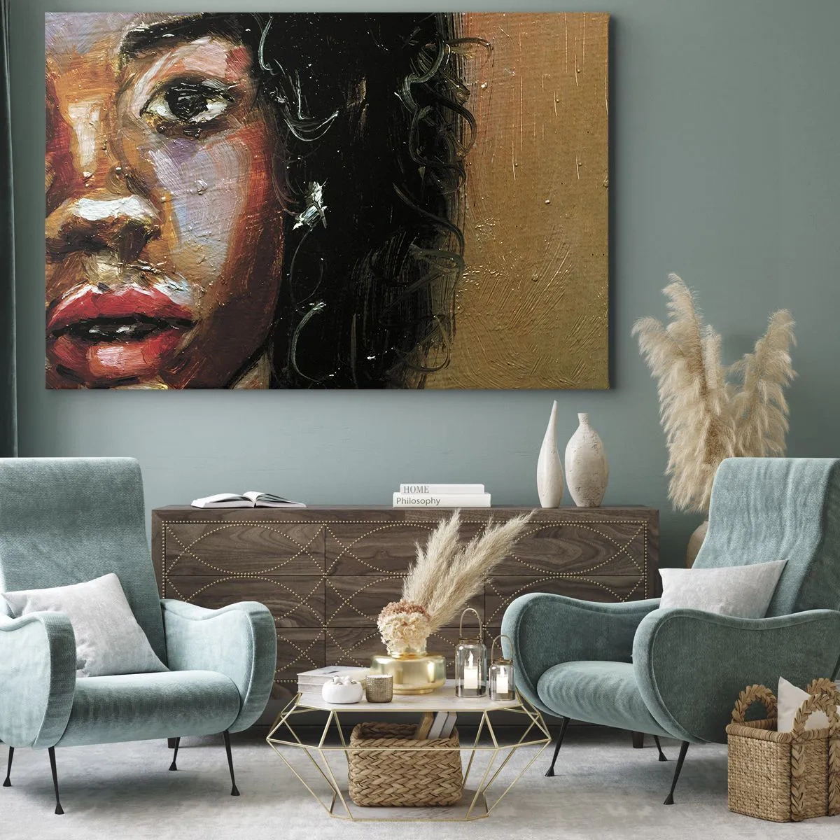 Vászonkép - Egy kifejező portré egy nőről intenzív színekkel. - 70x50cm - Fekete és fény - Modern fali dekoráció nappalihoz és hálószobához ARTTOR