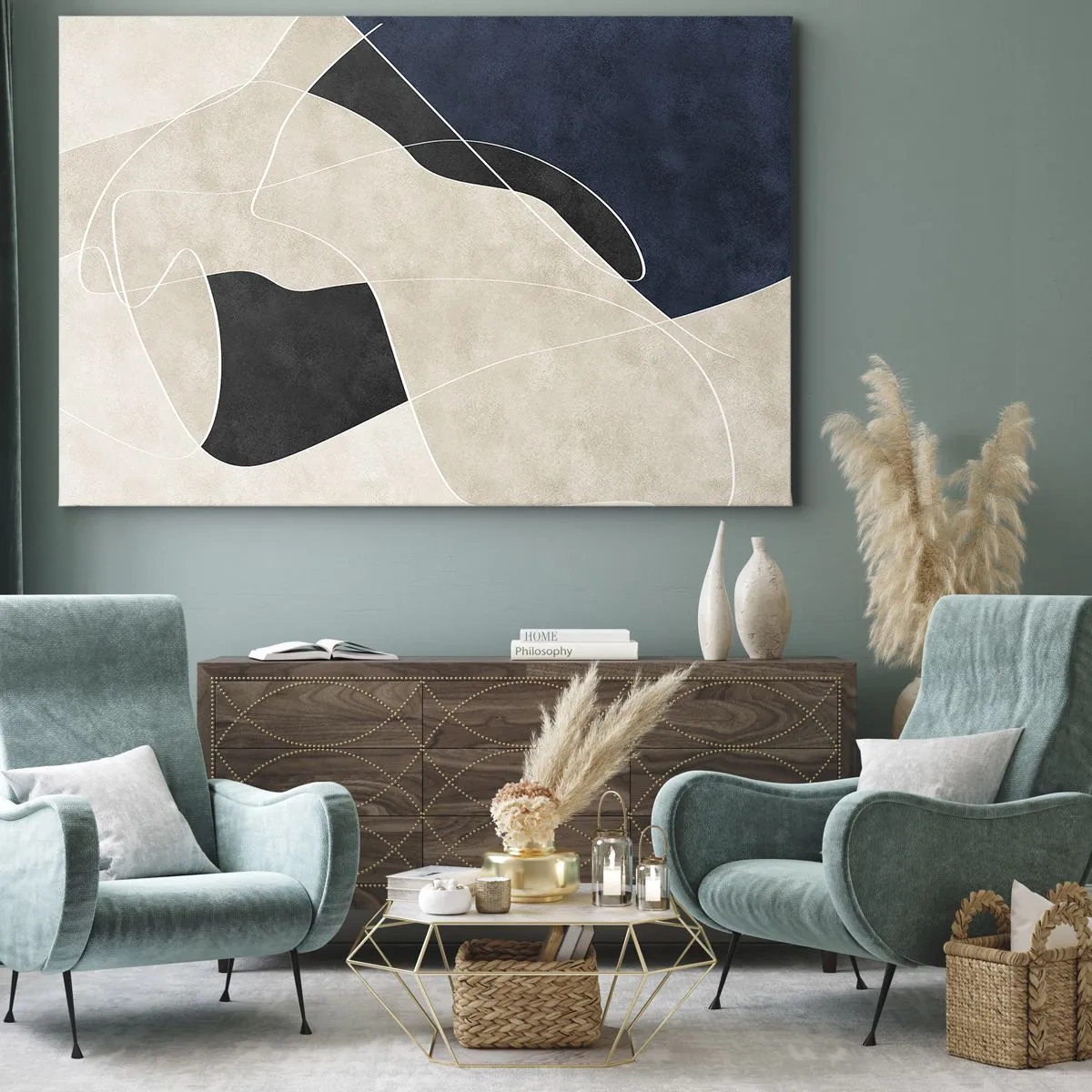 Vászonkép - Geometrikus absztrakció bézs és sötétkék árnyalatokban - 70x50cm - Absztrakt kompozíció - az árnyalatok kontrasztja - Modern fali dekoráció nappalihoz és hálószobához ARTTOR