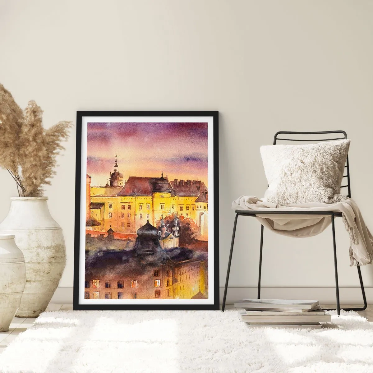 Poszter fehér keretben - Festői kilátás a városra a lenyugvó nap fényében - 50x70cm - Történet és mese - Modern fali dekoráció nappalihoz és hálószobához ARTTOR