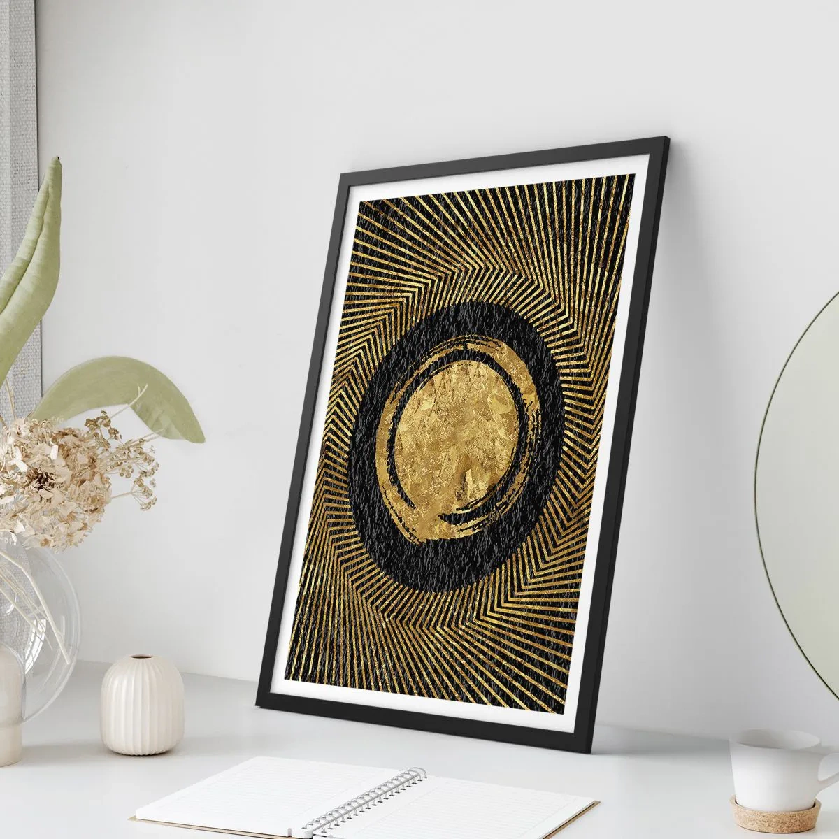 Poszter fehér keretben - Arany geometrikus absztrakció fekete háttéren - 50x70cm - Glamour kompozíció - Modern fali dekoráció nappalihoz és hálószobához ARTTOR