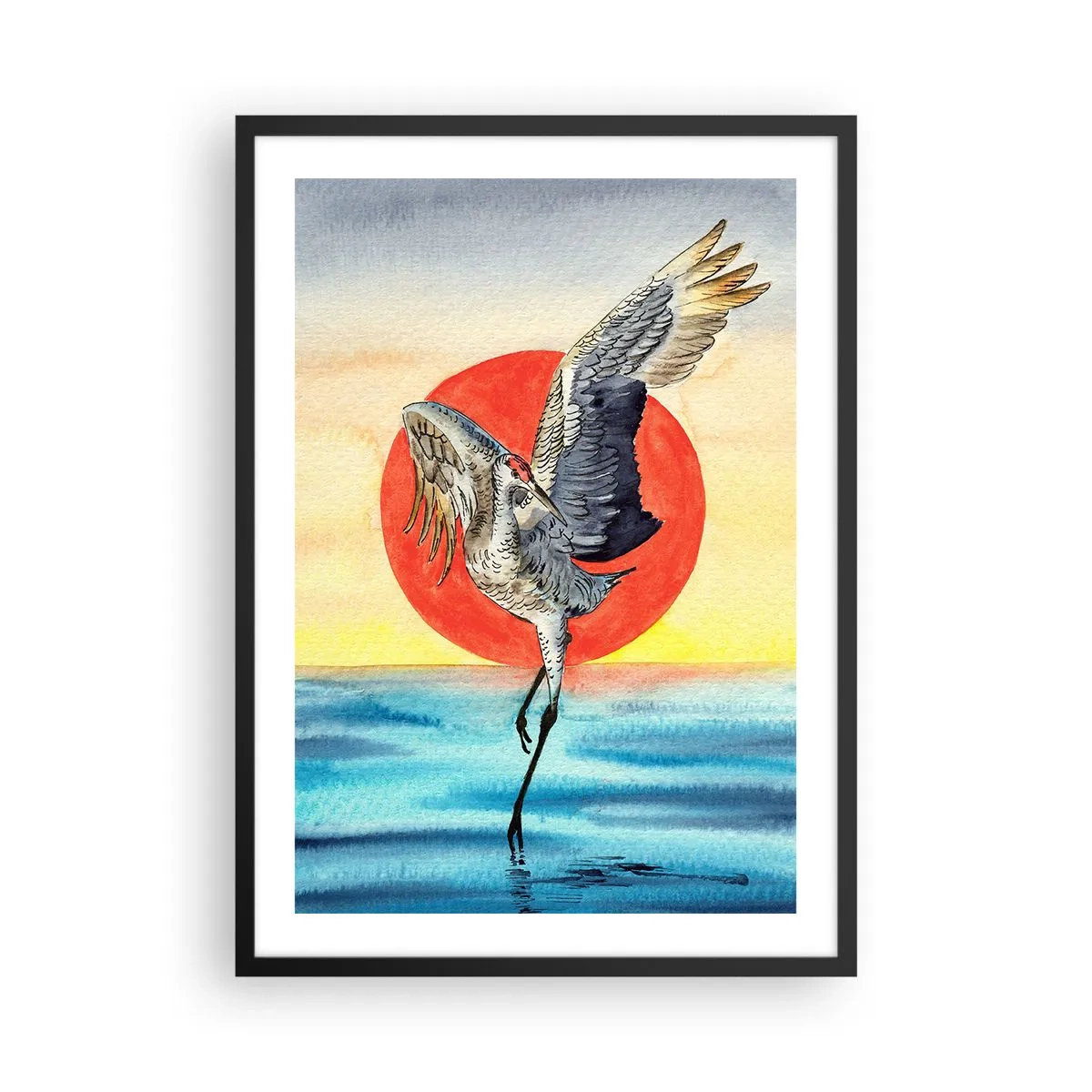 Poszter fehér keretben - Egy daru lebeg a víz felett a vörös nap fényében - 50x70cm - Ideje visszamenni - Modern fali dekoráció nappalihoz és hálószobához ARTTOR