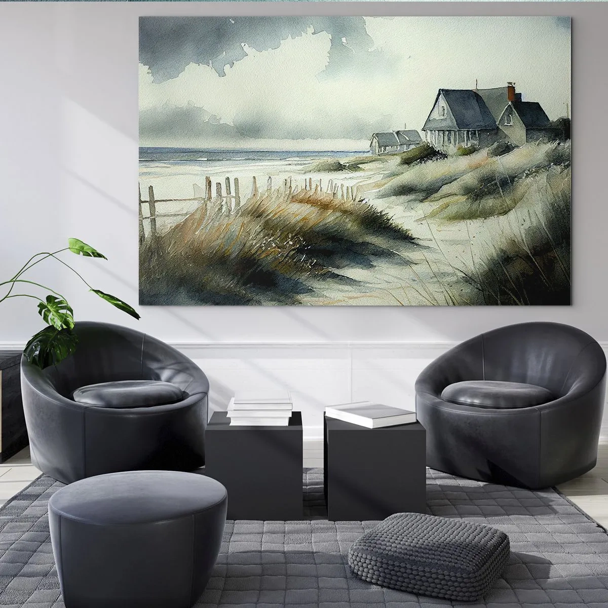 Üveg kép - Tengerparti dűneházak felhős ég alatt - 70x50cm - Távol a nyüzsgéstől - Modern fali dekoráció nappalihoz és hálószobához ARTTOR