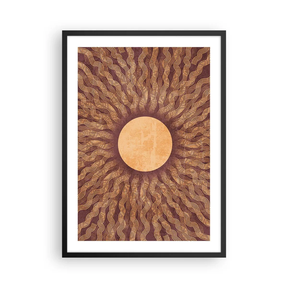 Poszter fehér keretben - Stilizált nap arany és barna árnyalatú sugarakkal - 50x70cm - A nap ikonja - Modern fali dekoráció nappalihoz és hálószobához ARTTOR