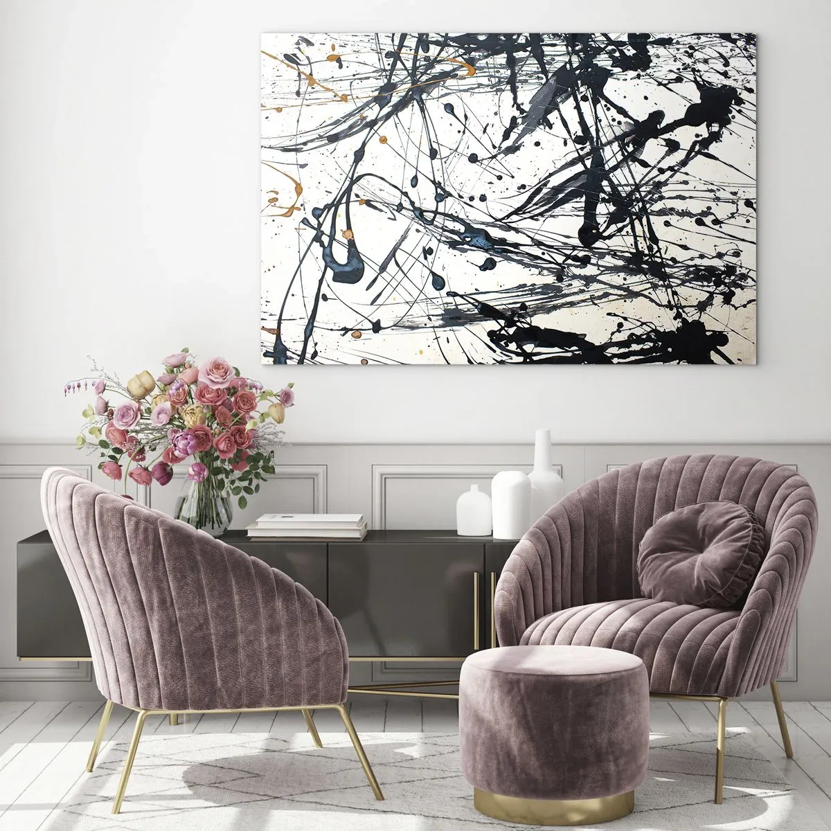 Üveg kép - Dinamikus festékfoltok fehér alapon - 70x50cm - Expresszionista absztrakció - Modern fali dekoráció nappalihoz és hálószobához ARTTOR