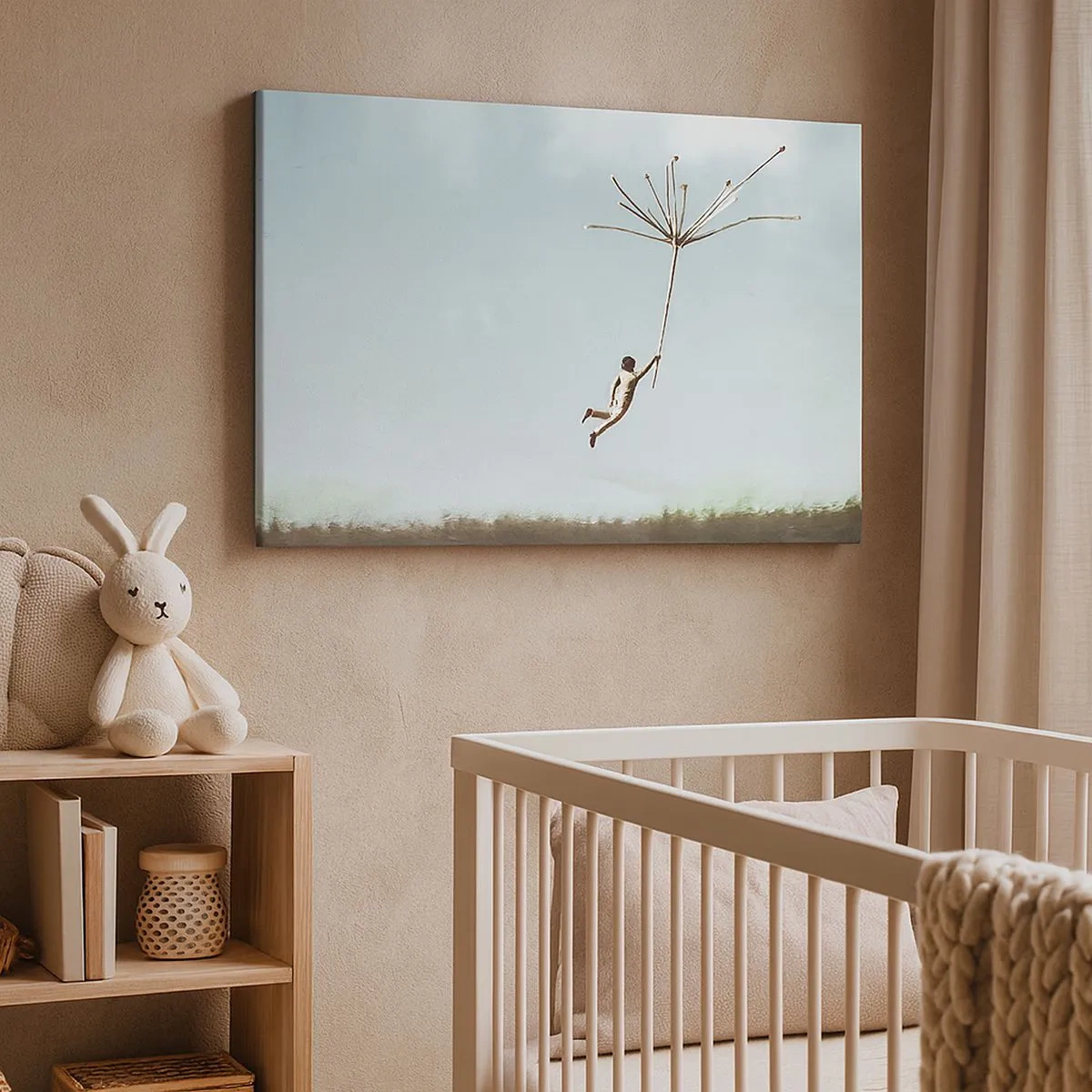 Vászonkép - Egy alak, amelyet egy nagy pitypangmag emelt fel - 70x50cm - Sárkányrepülők, pitypangok, szél - Modern fali dekoráció nappalihoz és hálószobához ARTTOR