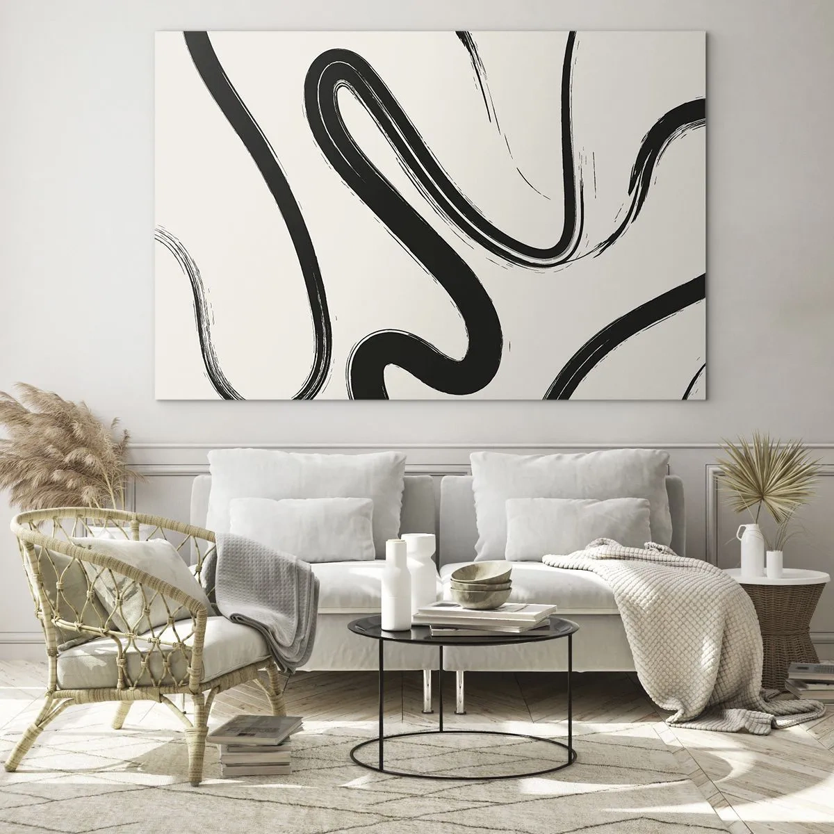 Üveg kép - Dinamikus fekete vonalak világos háttéren absztrakt stílusban. - 70x50cm - Fekete-fehér rajongás - Modern fali dekoráció nappalihoz és hálószobához ARTTOR