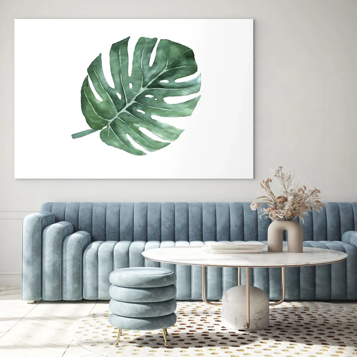 Üveg kép - Zöld monstera levél fehér alapon - 70x50cm - Zöld koncepció - Modern fali dekoráció nappalihoz és hálószobához ARTTOR