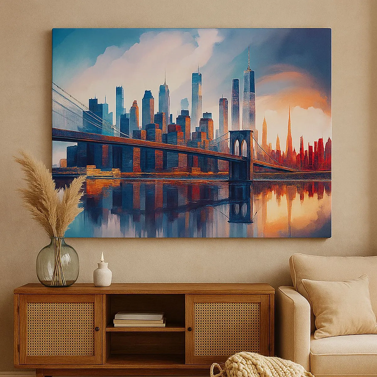 Vászonkép - New York-i panoráma híddal és tükröződéssel a vízben - 70x50cm - Fenomenális New York - Modern fali dekoráció nappalihoz és hálószobához ARTTOR