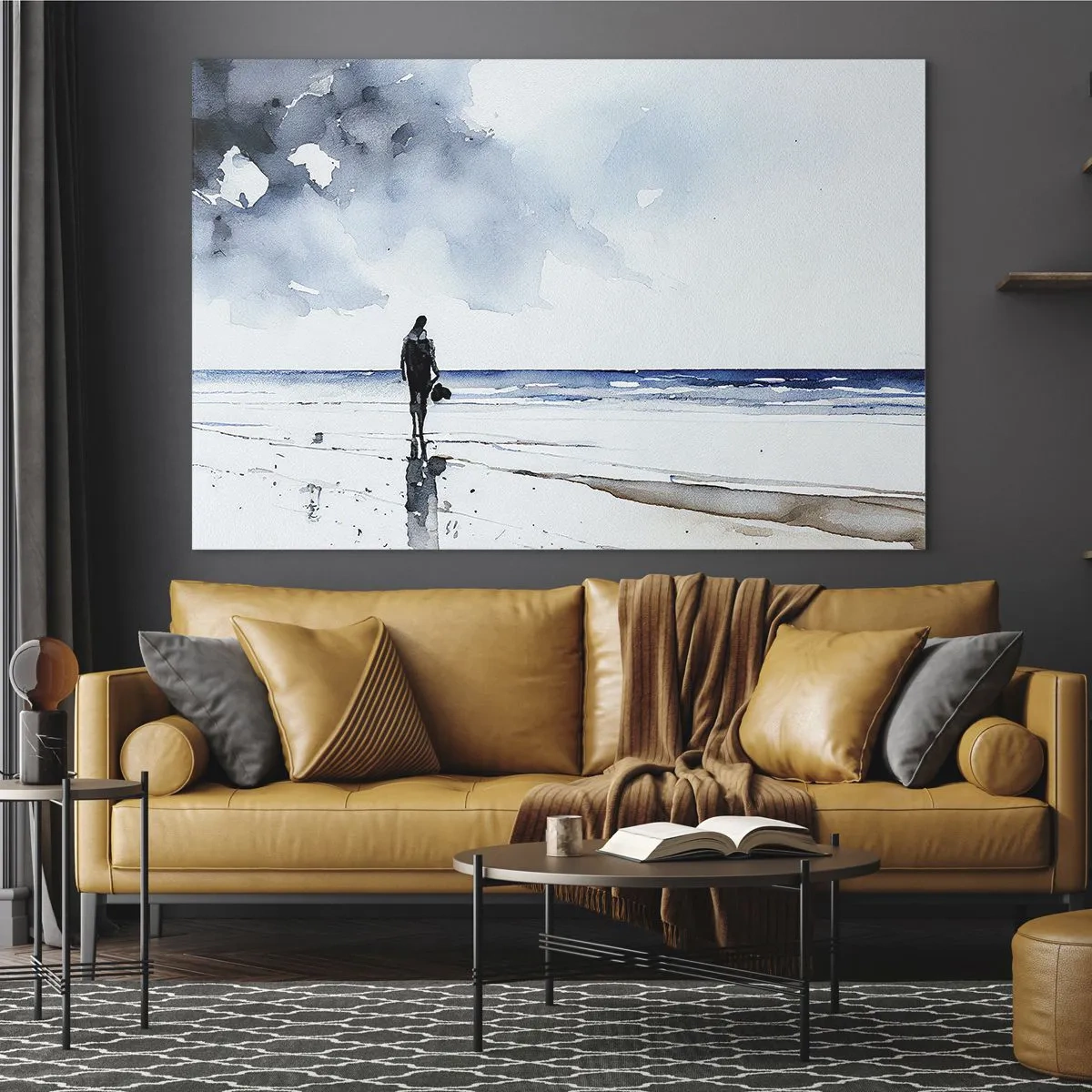 Üveg kép - Sziluettje egy személynek a tengerparton finom akvarellben - 70x50cm - Beszélgetés a tengerrel - Modern fali dekoráció nappalihoz és hálószobához ARTTOR