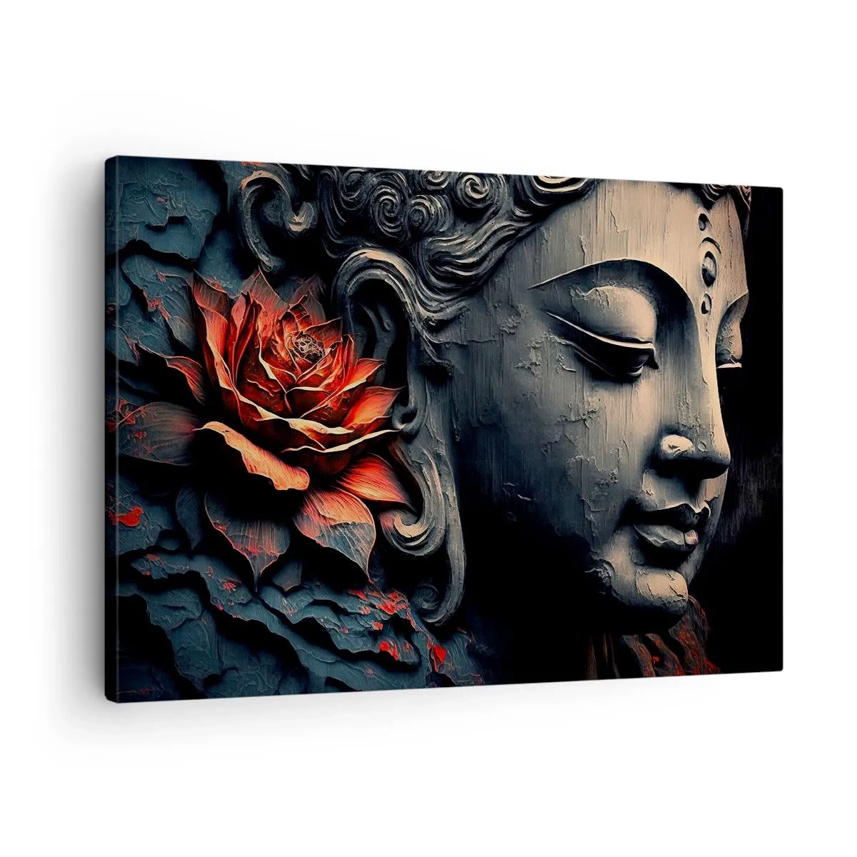 Vászonkép - Buddha szobor vörös lótuszvirággal - 70x50cm - Összhangban a világgal - Modern fali dekoráció nappalihoz és hálószobához ARTTOR