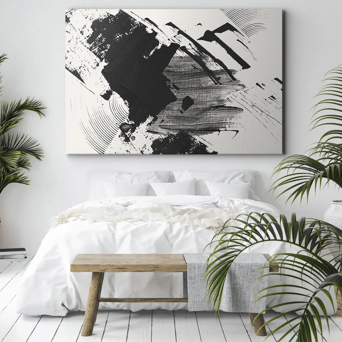 Vászonkép - Absztrakt fekete ecsetvonások fehér alapon - 70x50cm - Absztrakció - a fekete kifejezése - Modern fali dekoráció nappalihoz és hálószobához ARTTOR