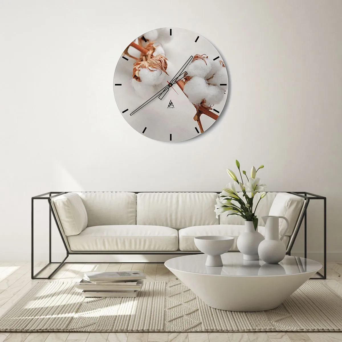 Falióra, Óra - Fehér bolyhos pamutvirágok világos háttéren - 30x30cm - Csak ölelkezni - Modern fali dekoráció nappalihoz, konyhához és hálószobához ARTTOR