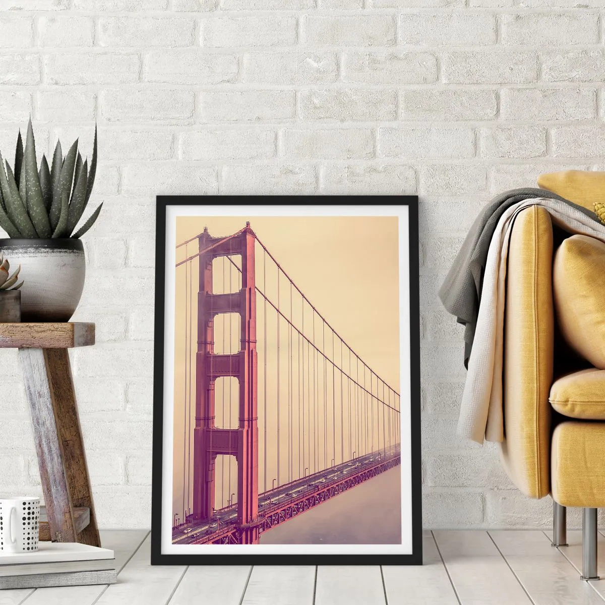 Poszter fehér keretben - Golden Gate híd vintage ködben - 50x70cm - Ég és föld között - Modern fali dekoráció nappalihoz és hálószobához ARTTOR