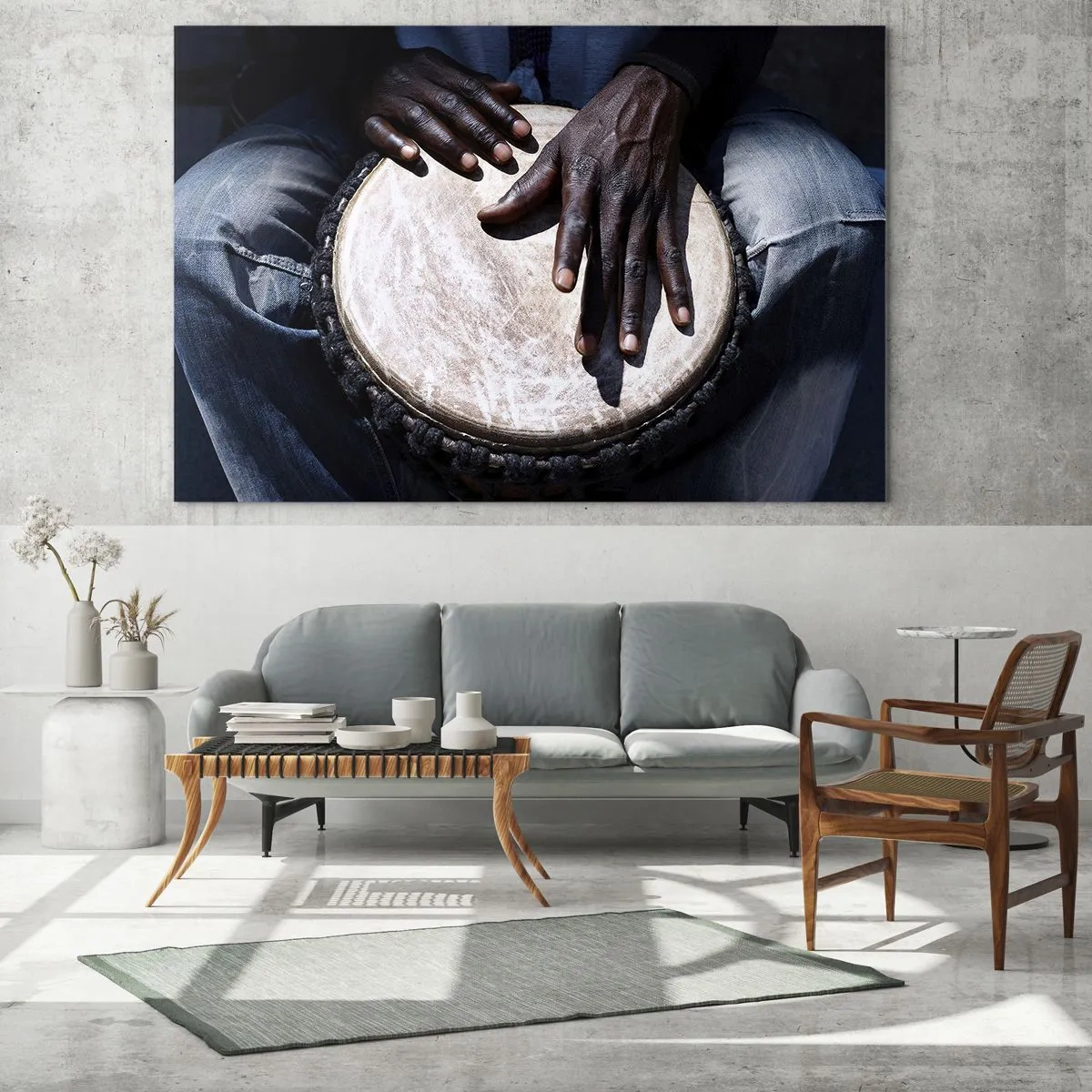 Üveg kép - Djembe dobon játszó kezek közeli képe - 70x50cm - Élj a saját ritmusodban - Modern fali dekoráció nappalihoz és hálószobához ARTTOR