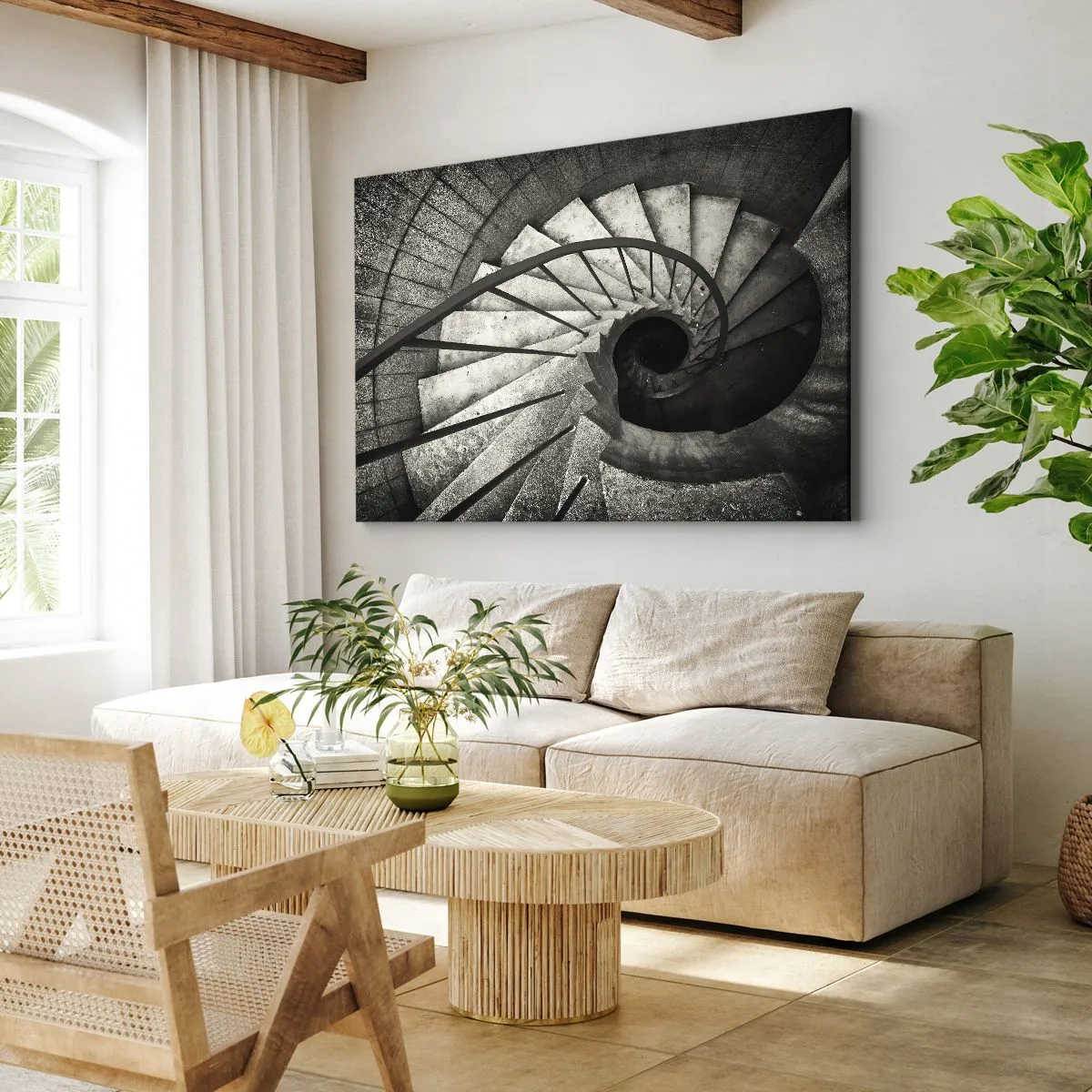 Vászonkép - Fekete-fehér csigalépcső modern stílusban - 70x50cm - Lépcsőn fel, lépcsőn le - Modern fali dekoráció nappalihoz és hálószobához ARTTOR