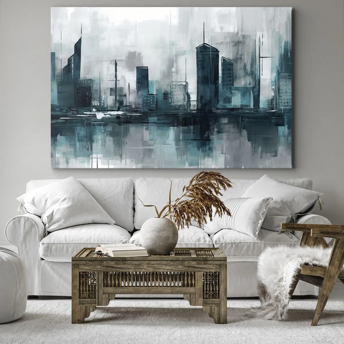 Vászonkép - Egy modern város türkiz és szürke árnyalatokban - 70x50cm - Esőszínű város - Modern fali dekoráció nappalihoz és hálószobához ARTTOR