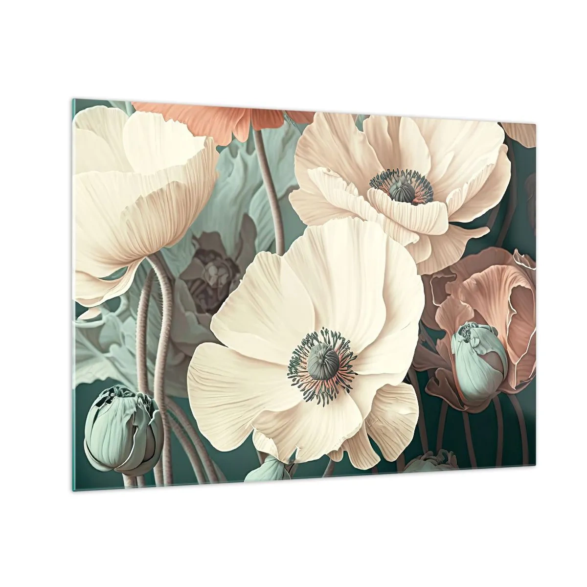 Üveg kép - Finom tejszínes és lazacos mák sötét háttér előtt - 70x50cm - Pipacsok suttogása - Modern fali dekoráció nappalihoz és hálószobához ARTTOR