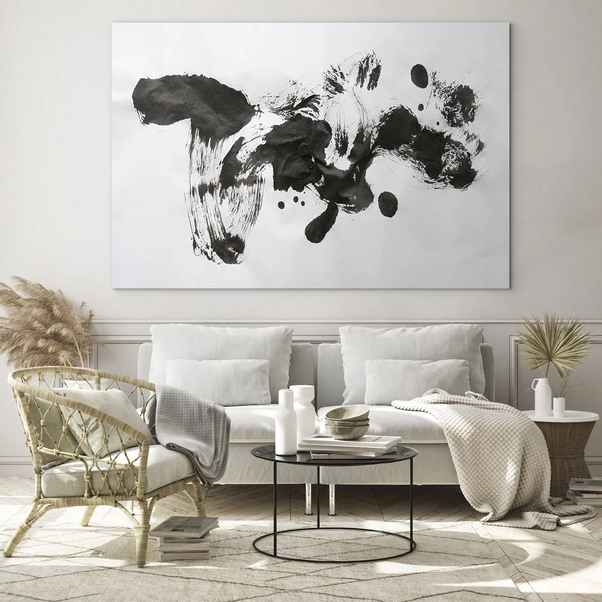 Üveg kép - Absztrakt fekete folt és ecsetvonások fehér alapon - 70x50cm - Módszer az őrületben? - Modern fali dekoráció nappalihoz és hálószobához ARTTOR