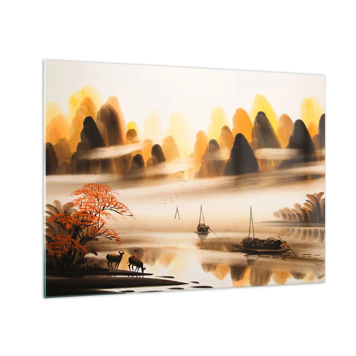 Üveg kép - Keleti táj hajókkal és hegyekkel a ködben - 70x50cm - Távolabb, mint a Távol-Kelet - Modern fali dekoráció nappalihoz és hálószobához ARTTOR