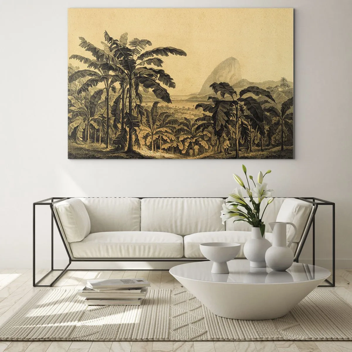 Üveg kép - Egy banánültetvény vintage illusztrációja, háttérben egy távoli heggyel. - 70x50cm - Gyarmati klímában - Modern fali dekoráció nappalihoz és hálószobához ARTTOR